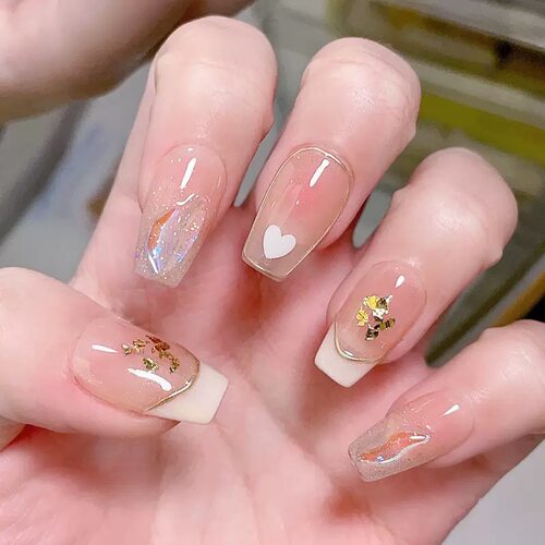 Heart Gold Foil French Handmade Press On Nails