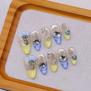 Handmade Pastel Yellow & Blue Bow Press On Nails