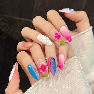 Pink Blue Ombre Floral Almond Press On Nails