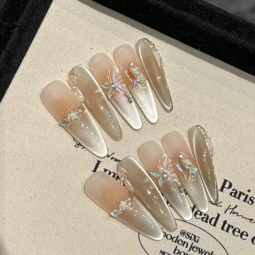 Luxury Nude Ombre Metallic Butterfly Handmade Fake Nails