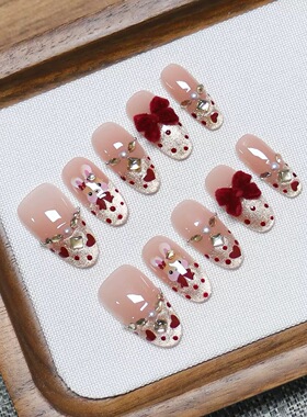 Cartoon Bunny Red Velvet Bow Heart Almond Press On Nails