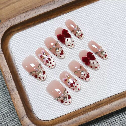 Cartoon Bunny Red Velvet Bow Heart Almond Press On Nails