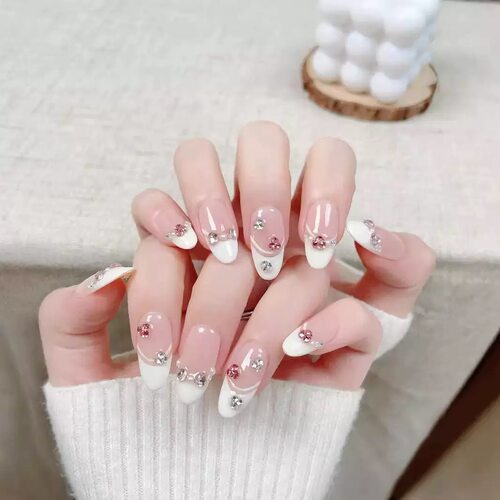 Sweet Pink French Nails With Pink Crystal Diamond Chain