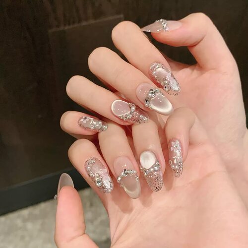 Soft Pink Floral Rhinestone Almond Press On Nails