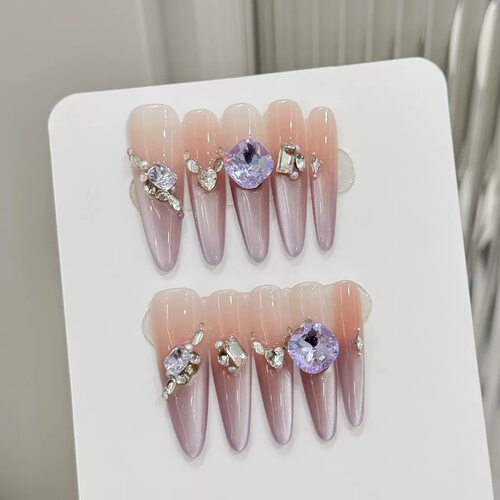 Elegant Nude Pink To Purple Ombre Big Gem False Nails