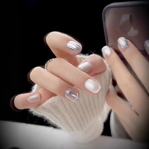 Silver Water Ripple Cat Eye Short Square Press On Nails
