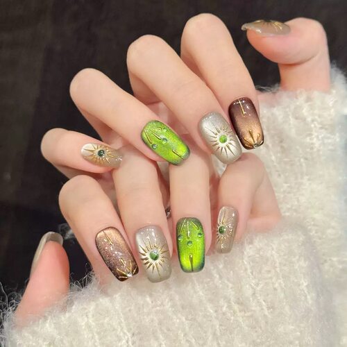 Handmade Sun God Green Cat Eye Press On Nails