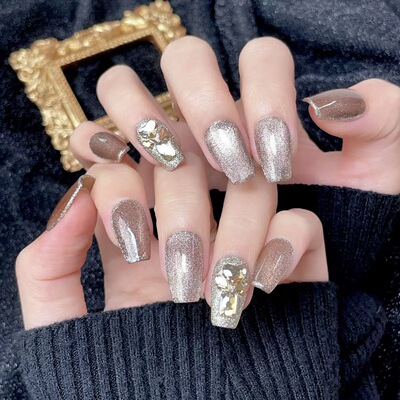 Luxurious Glitter Gold Leaf Cat Eye Press On Nails