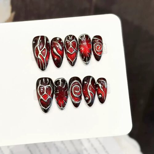 Red Glitter Silver Tribal Almond Press On Nails