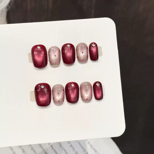 Elegant Wine Red Pink Cat Eye Rhinestone False Nails