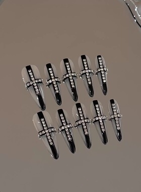 Black Clear Cross Rhinestone Press On Nails