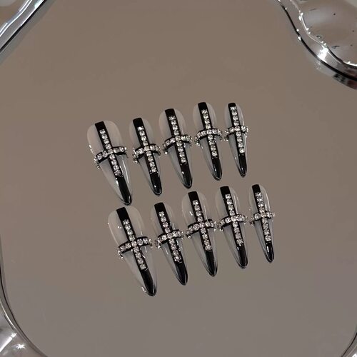 Black Clear Cross Rhinestone Press On Nails