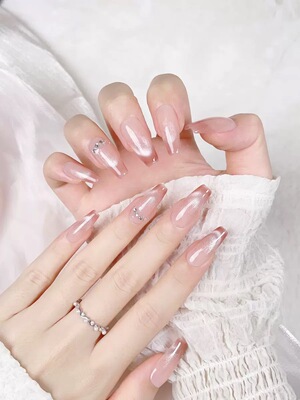 Pink Cat Eye Rhinestone Long Almond Press On Nails