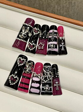 Y2K Pink Black Bunny Press On Nails | Punk Cross Fake Nails