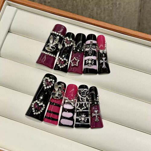 Y2K Pink Black Bunny Press On Nails | Punk Cross Fake Nails