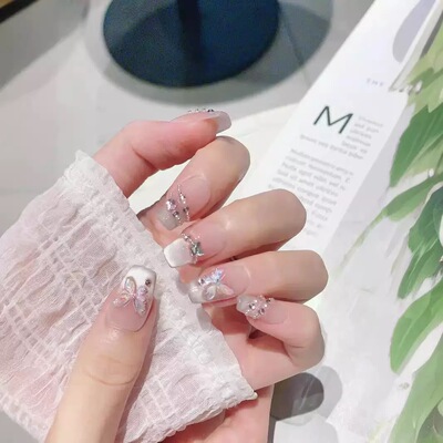 Butterfly Rhinestone Gradient Coffin Press On Nails