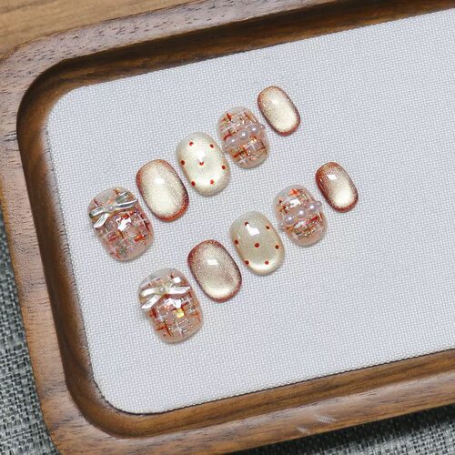 Amber Cat Eye Tweed Bow Pearl Short Round Press On Nails