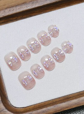 Nude Pink 3D Iridescent Bow Handmade Press On Nails