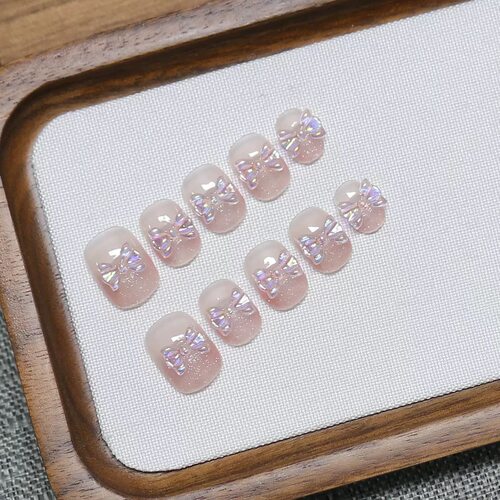 Nude Pink 3D Iridescent Bow Handmade Press On Nails