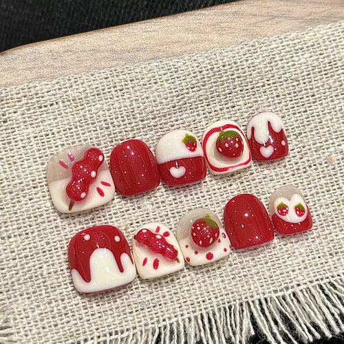 3D Strawberry Candy Short Square Press On Nails