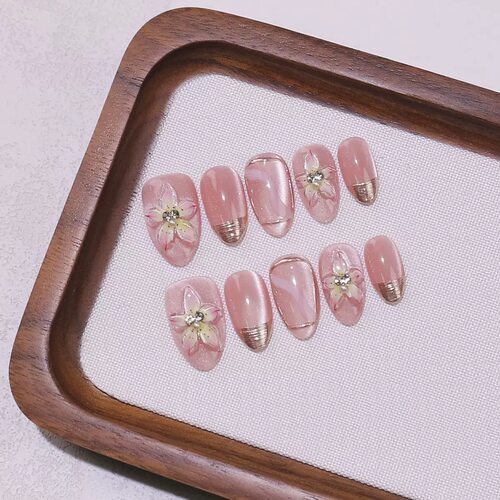 3D Flower Gold Line Almond Press On Nails