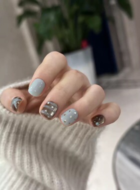 Blue Brown Star Glitter Short Press On Nails