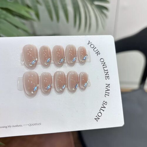 Nude Blue Rhinestone Short Oval Press On Nails