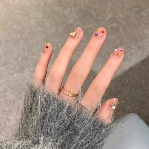 Simple Nude 3D Silver Heart Rainbow Crystal Reusable Nails
