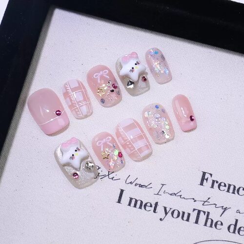 Star Cartoon Bow Plaid Glitter Short Almond Press On Nails