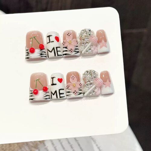 Kawaii Zebra Cherry 3D Candy Short Square Press On Nails