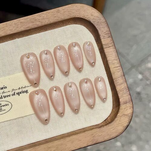 Nude Glitter Dot Rhinestone Almond Press On Nails