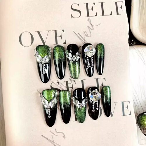 Handmade Black Green Cat Eye Rhinestone Press On Nails