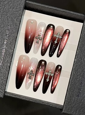 Red Black Gradient Cross Rhinestone Press On Nails