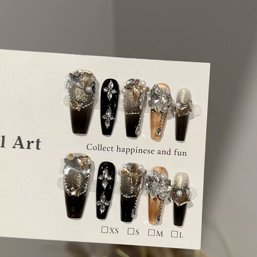 Black Gold Butterfly Rhinestone Press On Nails