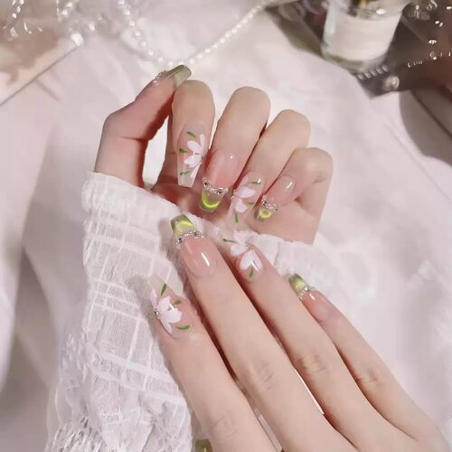Green Tip Flower Rhinestone Coffin Press On Nails