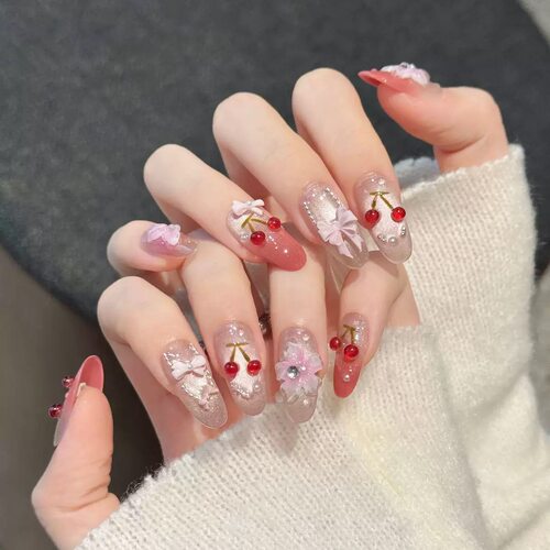 Long Almond Pink 3D Cherry Bow Flower Press On Nails