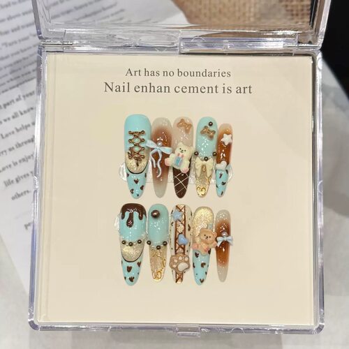 Cute Blue Brown 3D Bear Long Almond Press On Nails
