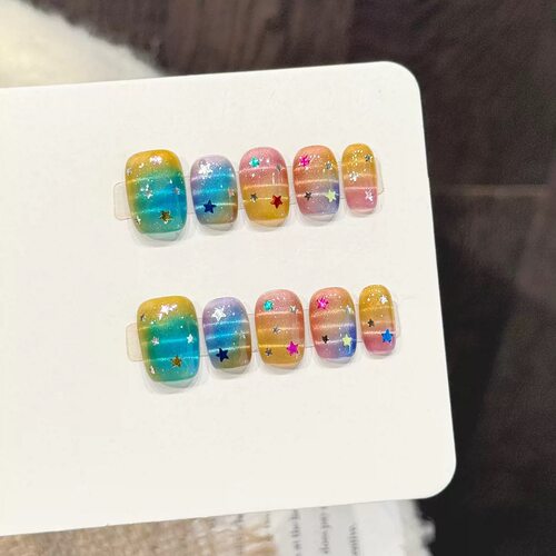 Short Square Rainbow Cat Eye Star Glitter Press On Nails