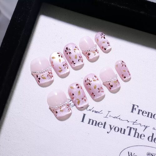 Pink Floral Pearl French Handmade Cat Eye Press On Nails