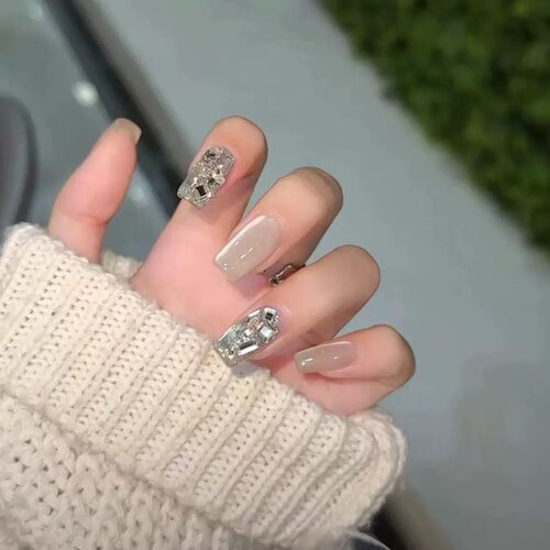 Nude Full Silver Glitter Rhinestone Press On Nails
