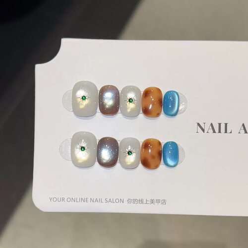 Mixed Tortoise Blue Cat Eye Short Square Press On Nails