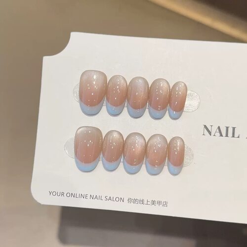 Nude Blue Rhinestone Short Oval Press On Nails