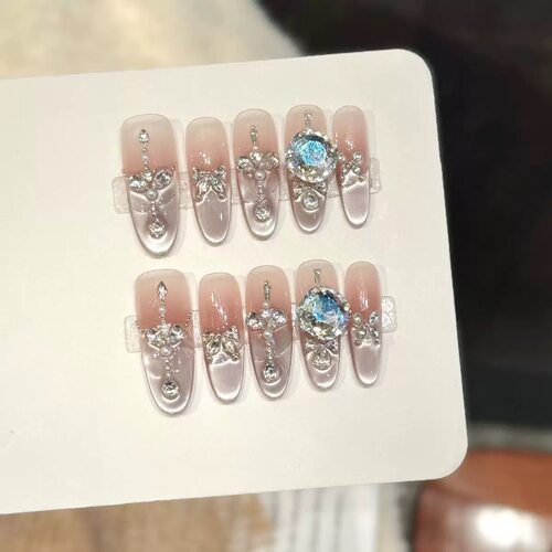 Medium Almond Nude Pink Gradient Big Zircon Press On Nails
