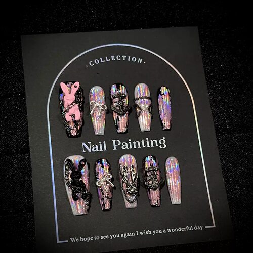 Holographic Pink Bunny Chain Handmade Press On Nails