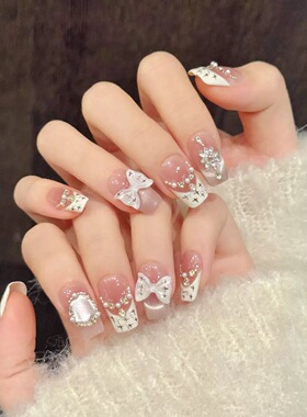 Elegant Bow Pearl French Press On Nails Luxury Manicure Tips