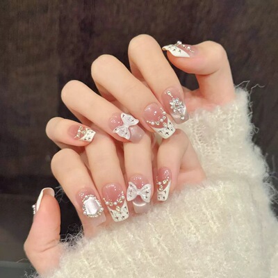 Elegant Bow Pearl French Press On Nails Luxury Manicure Tips