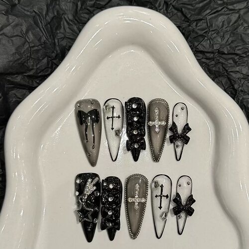 Cool Gothic Black White Cross 3D Bow False Nails