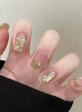 Golden French Foil Pearl Handmade Press On Nails