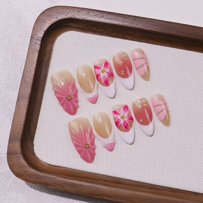 Pink Nude Floral Ombre Long Press On Nails