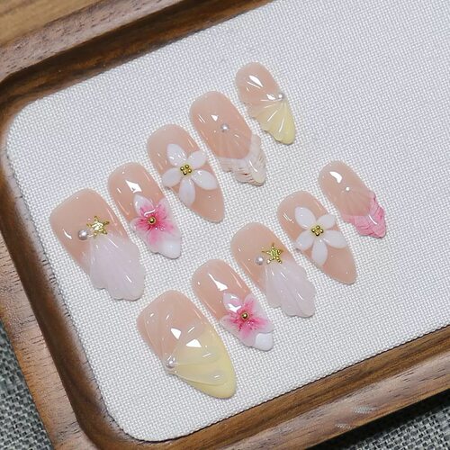 Starfish Seashell Floral Long Press On Nails